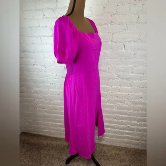 Monteau Los Angeles Pink Midi Square Neck, Puff Sleeved, Front Slit Dress Sz Lg - Picture 3 of 15